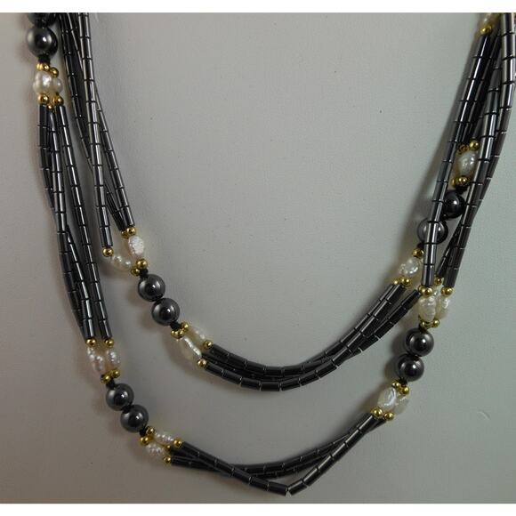 Boho Magnetic Hematite Beaded Necklace with Glass Pearls Gold Spacers 32" long - Picture 1 of 7